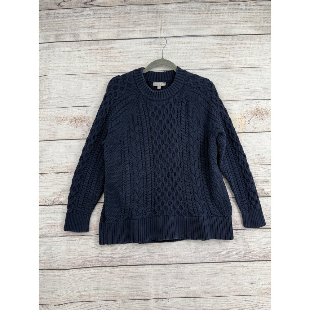 J.Crew Cable Knit Sweater Women XL Navy Blue Cotton Crew Neck Pullover